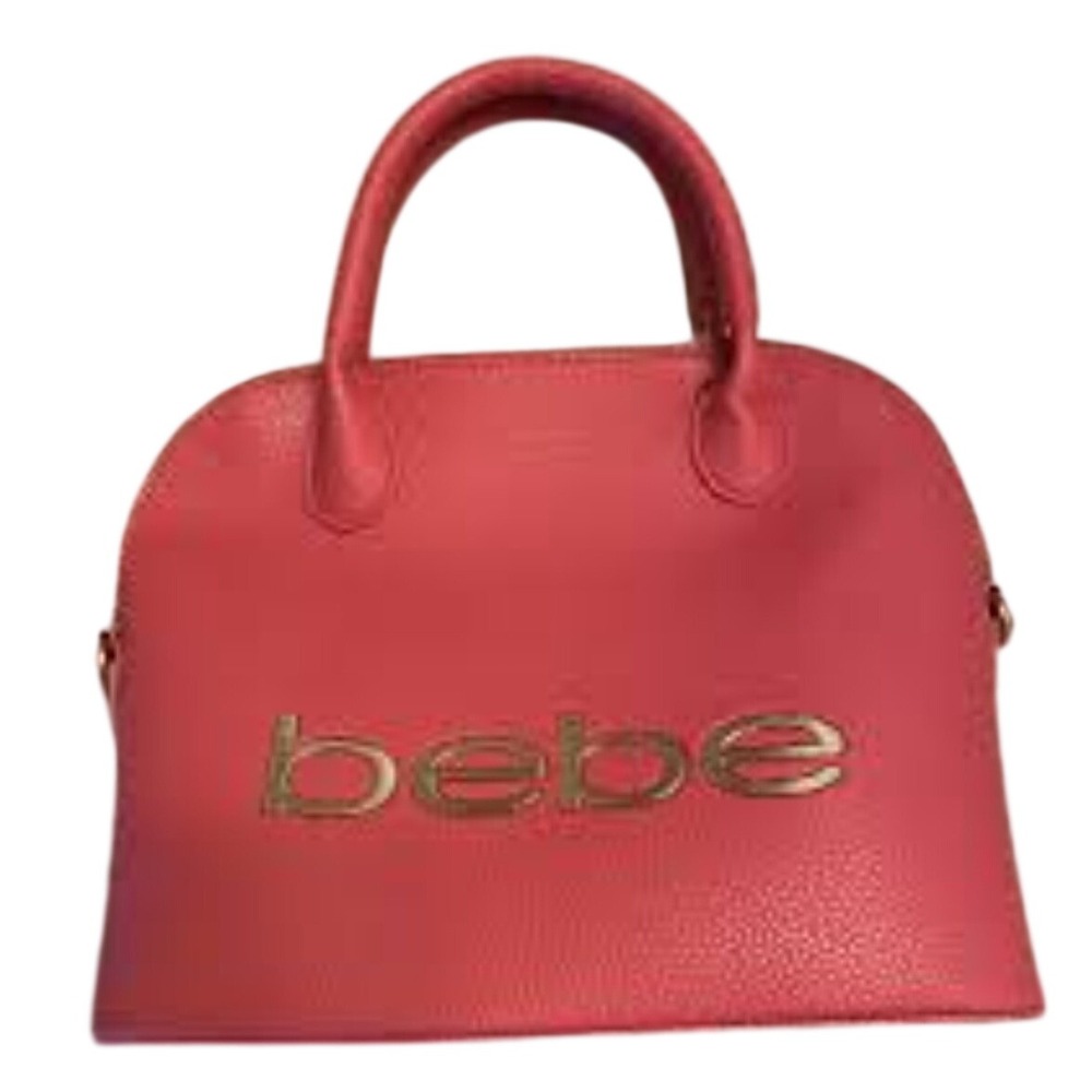 Bebe Red Pebbled Faux Leather Dome Satchel Handbag Gold Logo